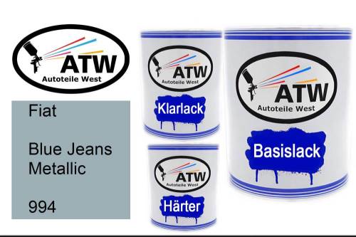 Fiat, Blue Jeans Metallic, 994: 1L Lackdose + 1L Klarlack + 500ml Härter - Set, von ATW Autoteile West.